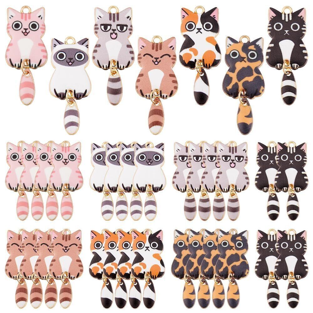 5228 28pcs 7 Colors Enamel Cat Charms with Swinging Tails, Cute Kitten